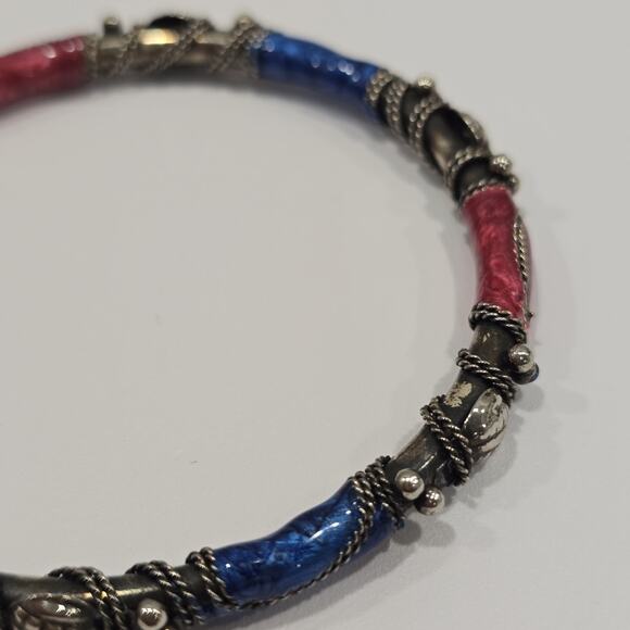 Vintage Boho Ornate Pink Blue Enamel Silver Wire Wrapped Bangle Bracelet - Picture 4 of 14